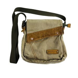 Augur Canvas Shoulder Saddle Bag Messenger Brown Leather Medium‎ Flap Snap Hobo
